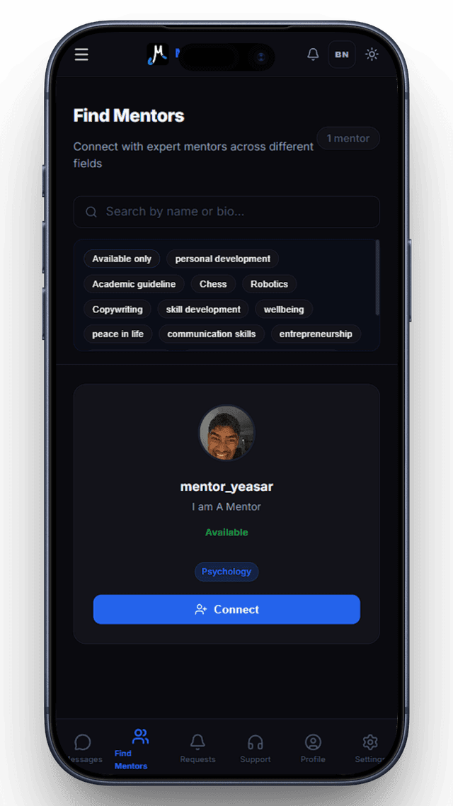 MentorMind app screenshot showing messaging and mentor tools