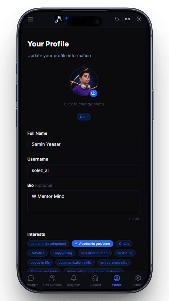 MentorMind mentor discovery and matching screen