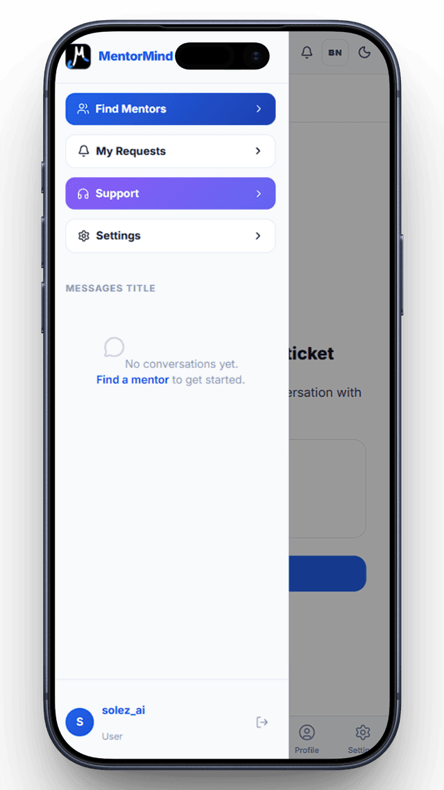MentorMind app screenshot showing messaging and mentor tools